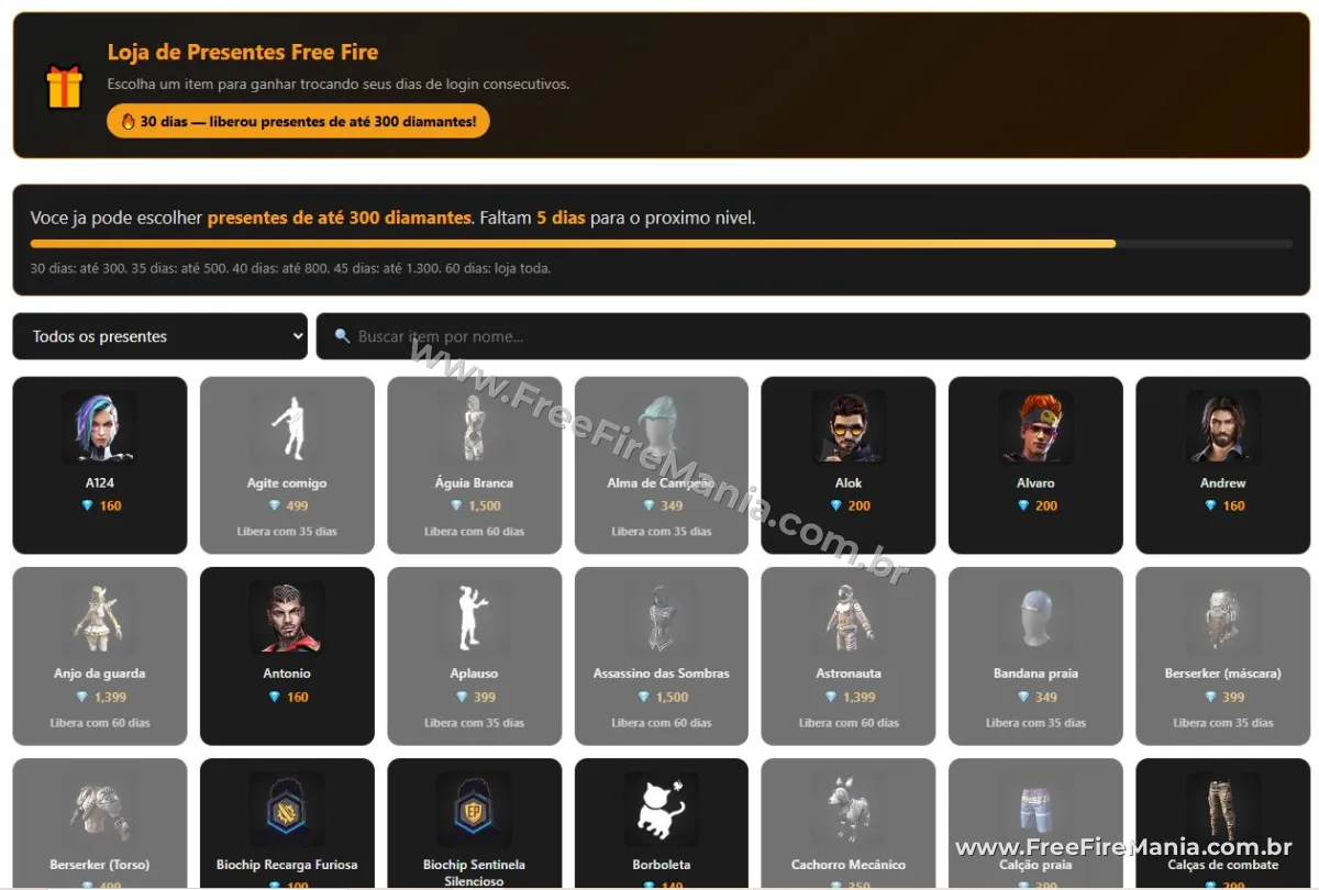 Tela onde escolhe os itens grátis no Free Fire