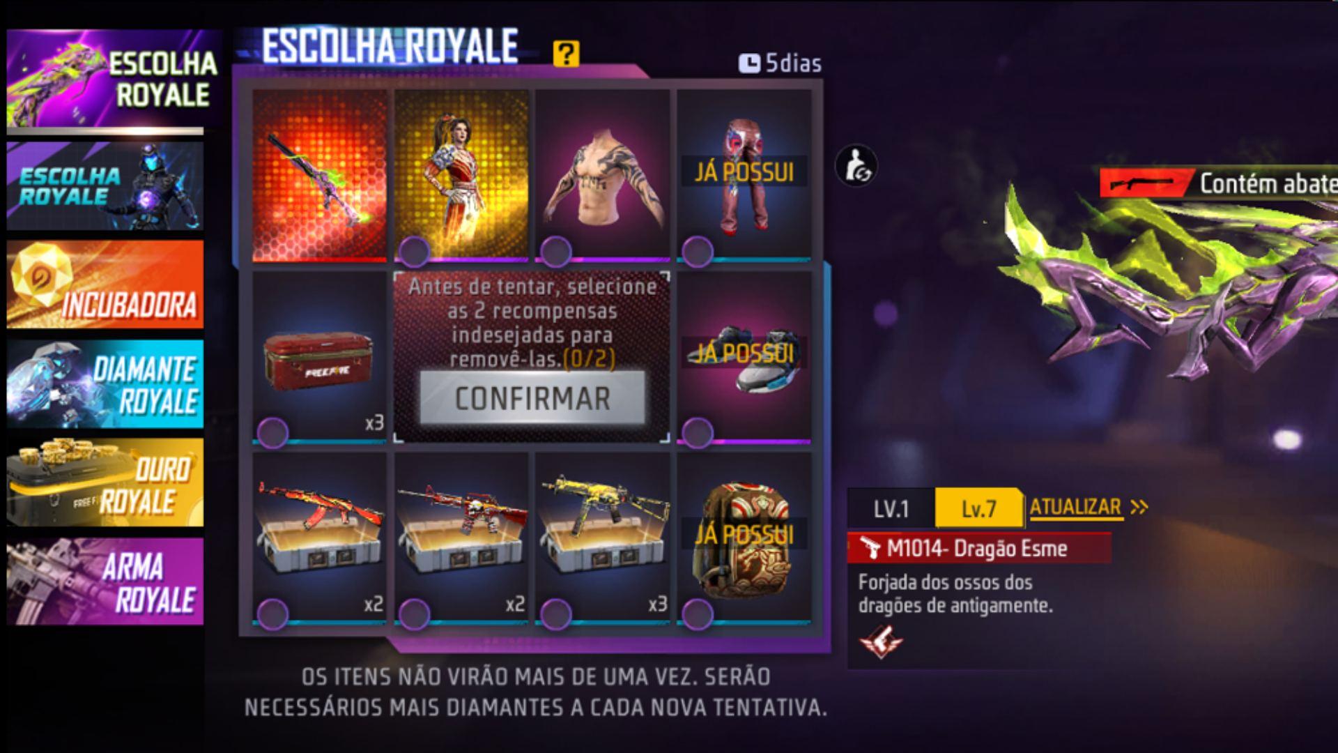 Tela do evento Escolha Royale Free Fire