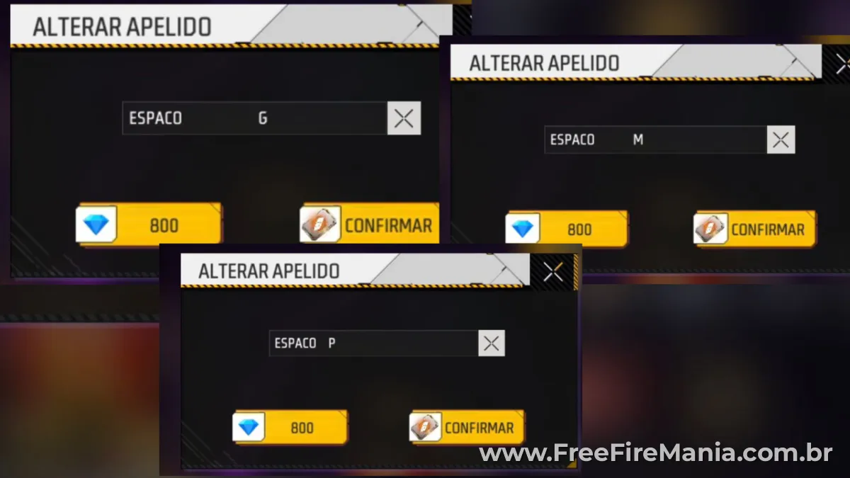 Exemplo dos três tipos de espaço invisível no Free Fire: grande, médio e pequeno aplicados no nick