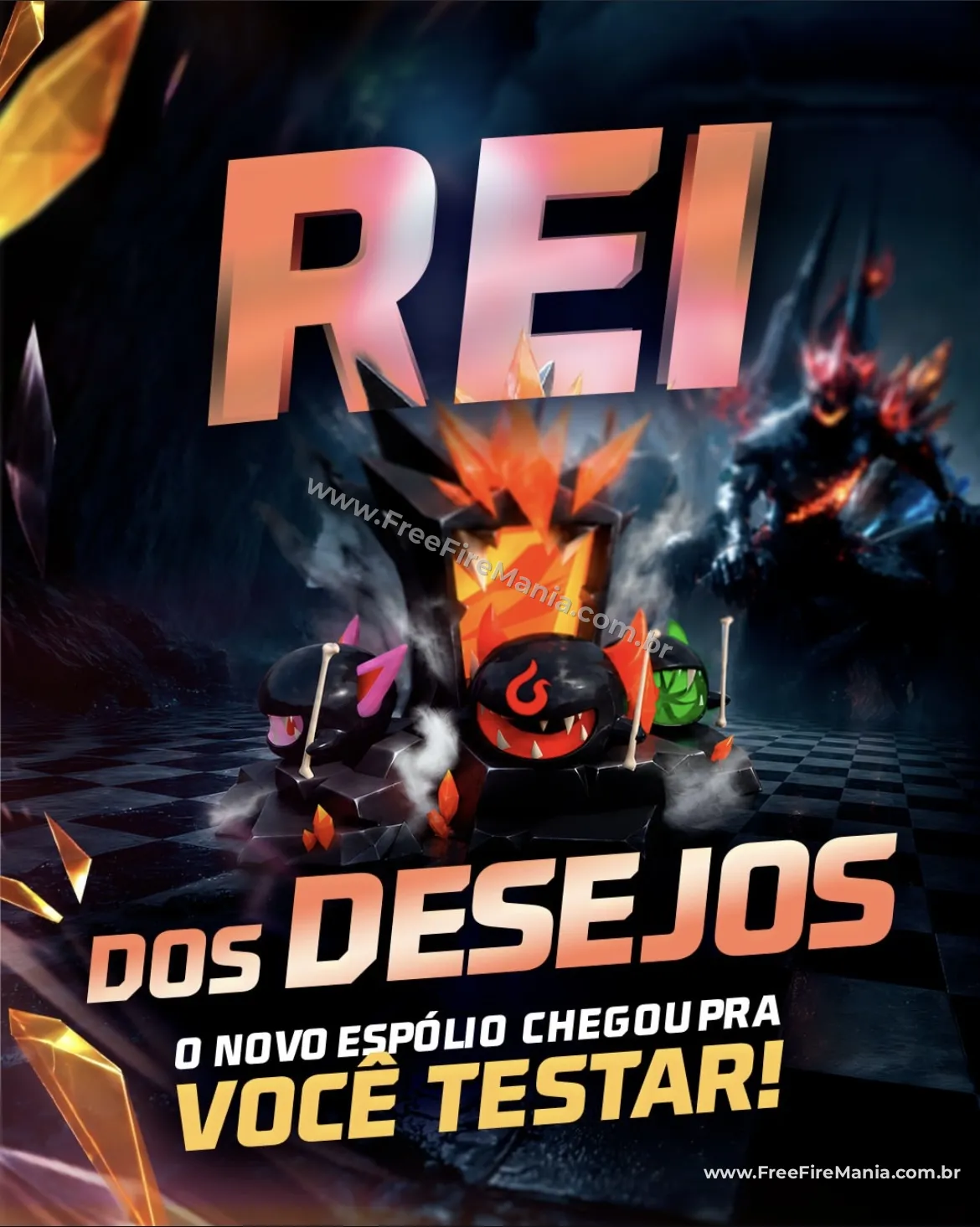 Esp&oacute;lio Rei dos Desejos no Free Fire, com trono flamejante e criaturas tem&aacute;ticas