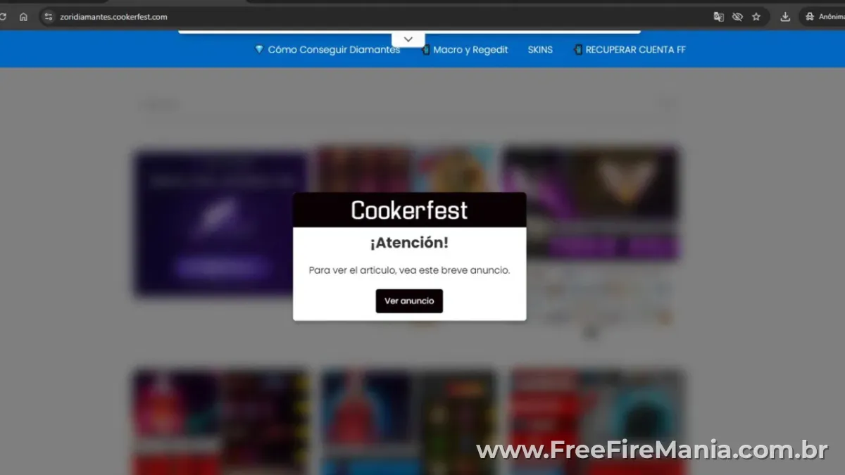 Captura de pantalla del sitio falso zoridiamantes que promete recuperar cuentas de Free Fire con ID