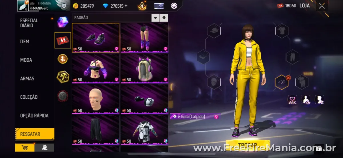 Loja de Estilhaços Free Fire Token FF interface do jogo