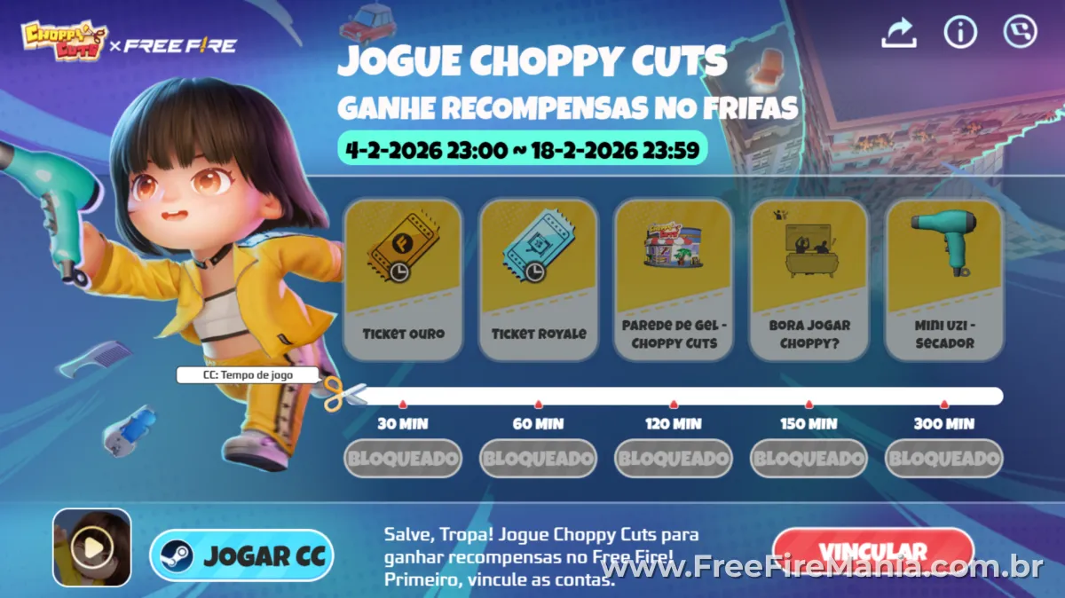 Evento Choppy Cuts no Free Fire disponibiliza itens ap&oacute;s adquirir o jogo