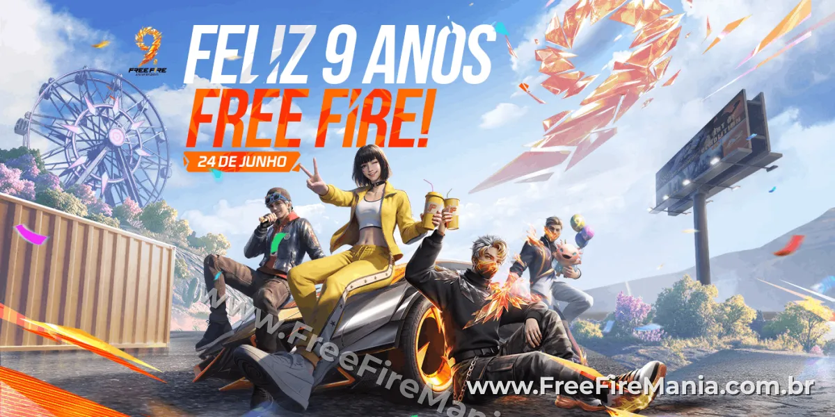 Banner oficial do evento Feliz 9 Anos no Free Fire