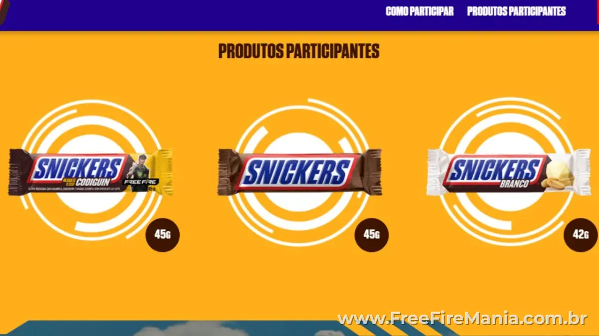 Produtos disponíveis no CODIGUIN FF Snickers 