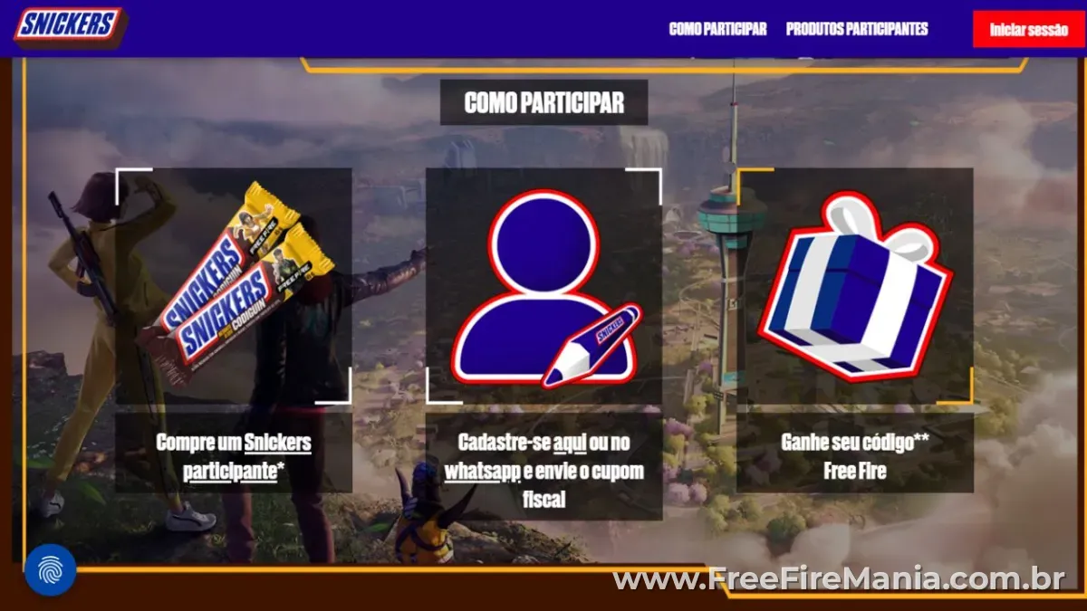 Infográfico do evento Snickers no Free Fire mostrando como ganhar codiguin