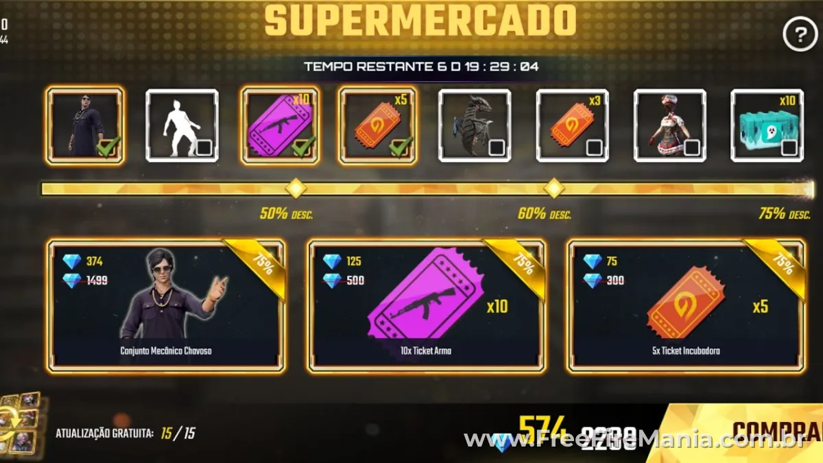 Tela do evento Supermercado do Free Fire com itens e descontos progressivos