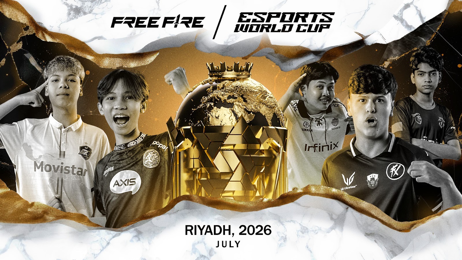 EWC Free Fire 2026 em Riade com troféu e jogadores