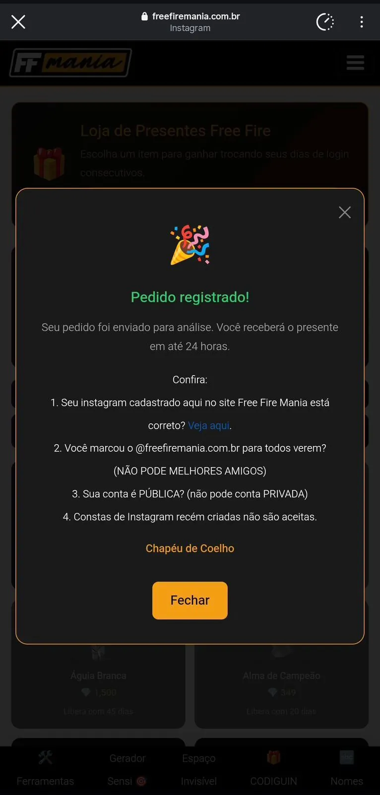 Registro de solicitação de presentes no Free Fire Mania