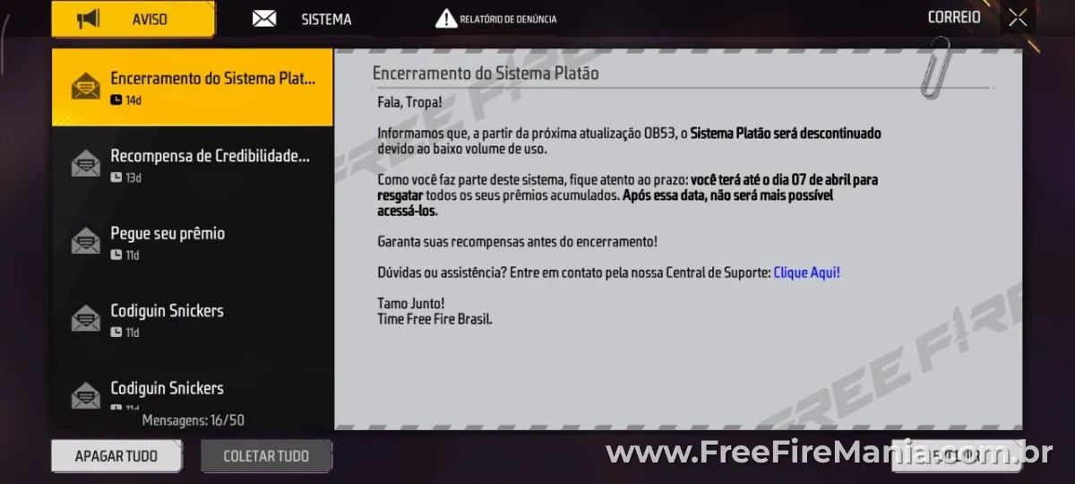 Aviso encerramento sistema Plat&atilde;o Free Fire Garena mensagem oficial