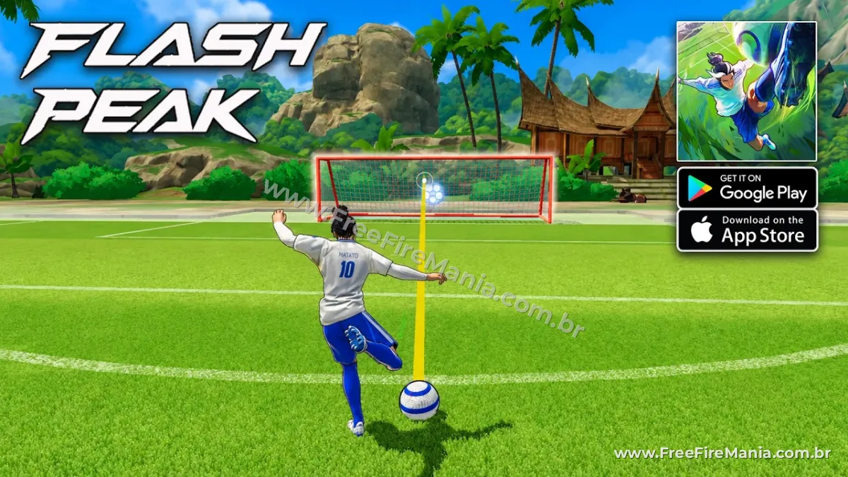 Gameplay de Flash Peak com partida de futebol 4v4 em terceira pessoa no celular