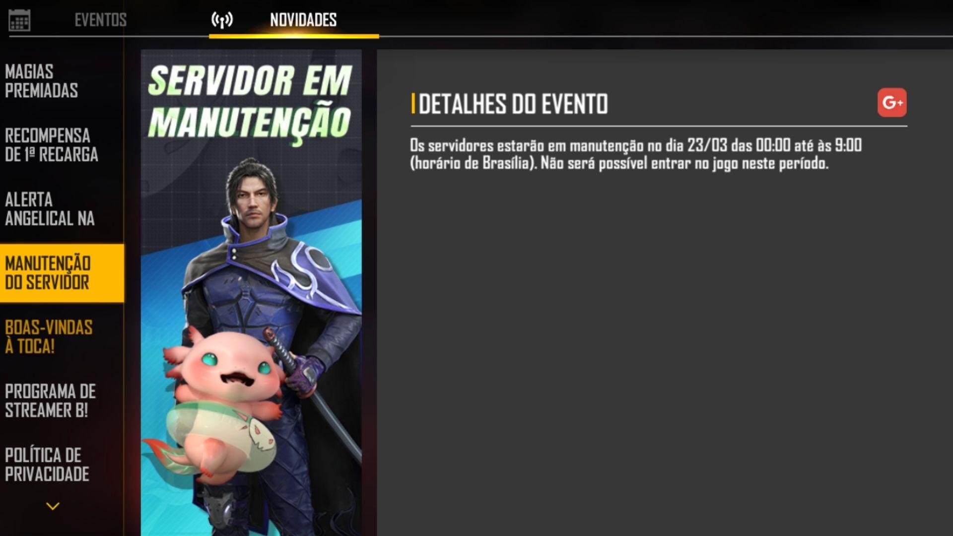 Que horas o servidor do Free Fire estará pronto hoje? Término da manutenção  novembro 2022