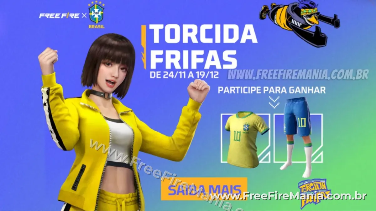 Banner oficial do evento Na Faixa &mdash; Free Fire x CBF &mdash; com personagens vestindo o uniforme amarelo da Sele&ccedil;&atilde;o Brasileira