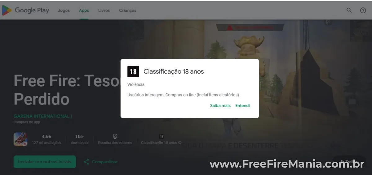 Free Fire classificação 18 anos Google Play Android