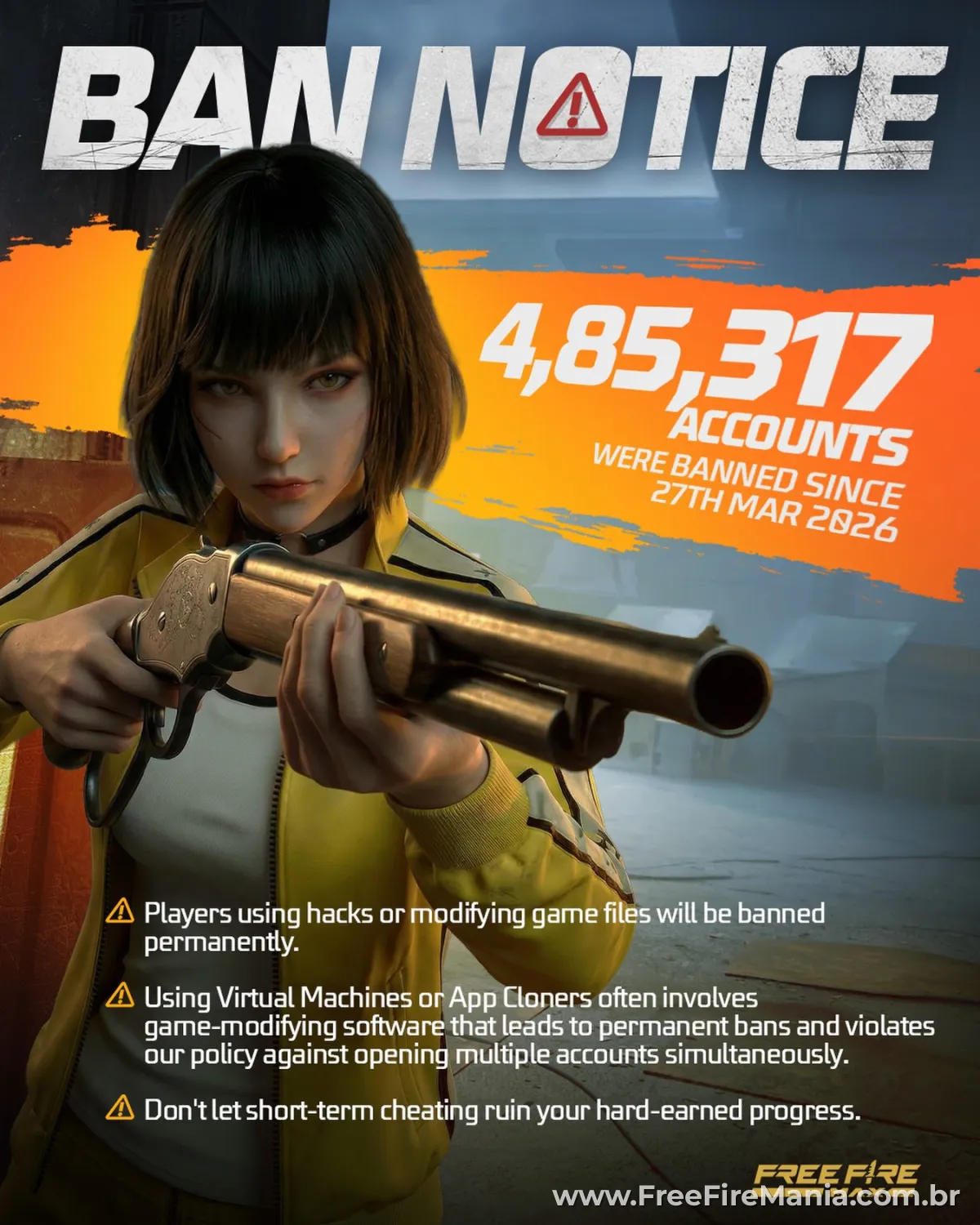 aviso de banimento massivo no Free Fire com milhões de contas banidas