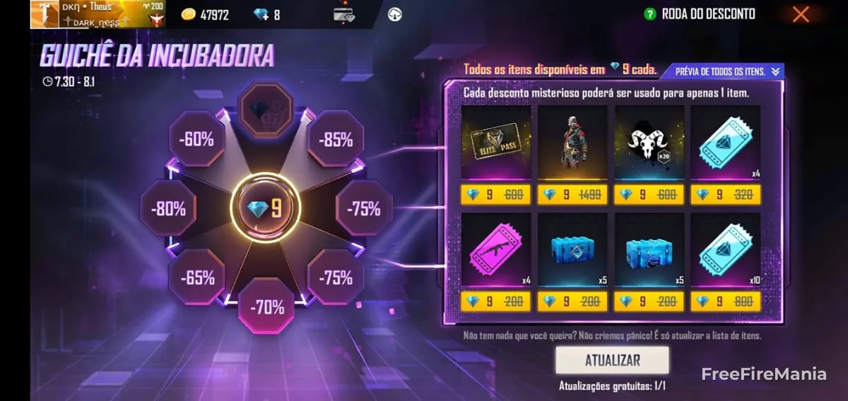 Tela do evento Desconto Maluco no Free Fire