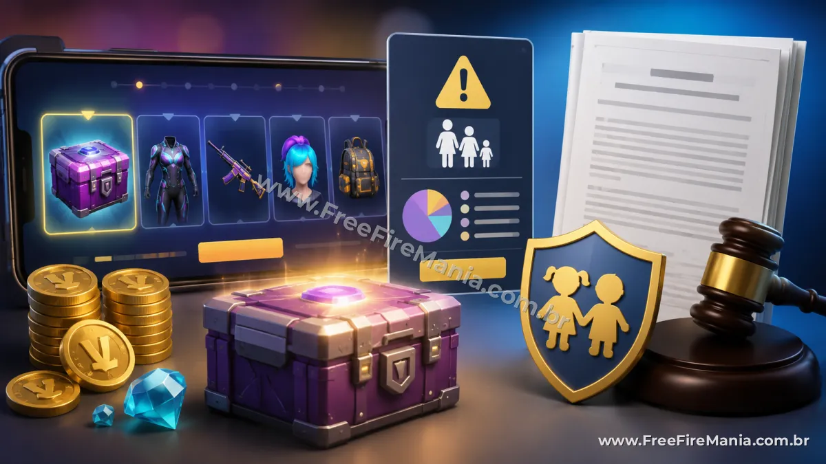 Free Fire em celular com refer&ecirc;ncia a loot boxes e decis&atilde;o judicial contra a Garena