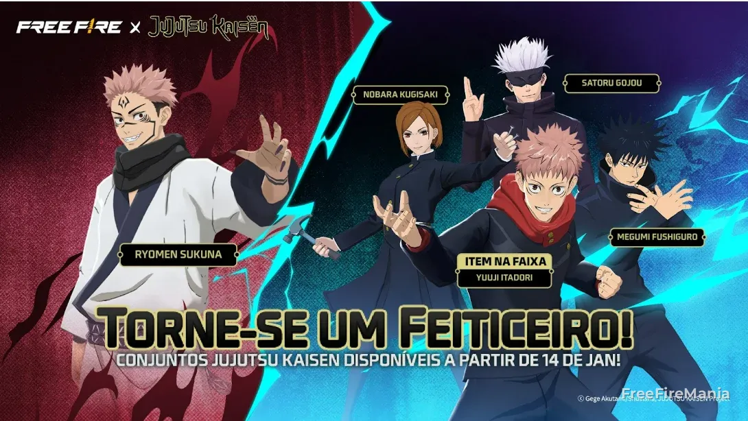 Personagens de Jujutsu Kaisen no Free Fire: Ryomen Sukuna, Nobara Kugisaki, Satoru Gojou, Yuuji Itadori e Megumi Fushiguro