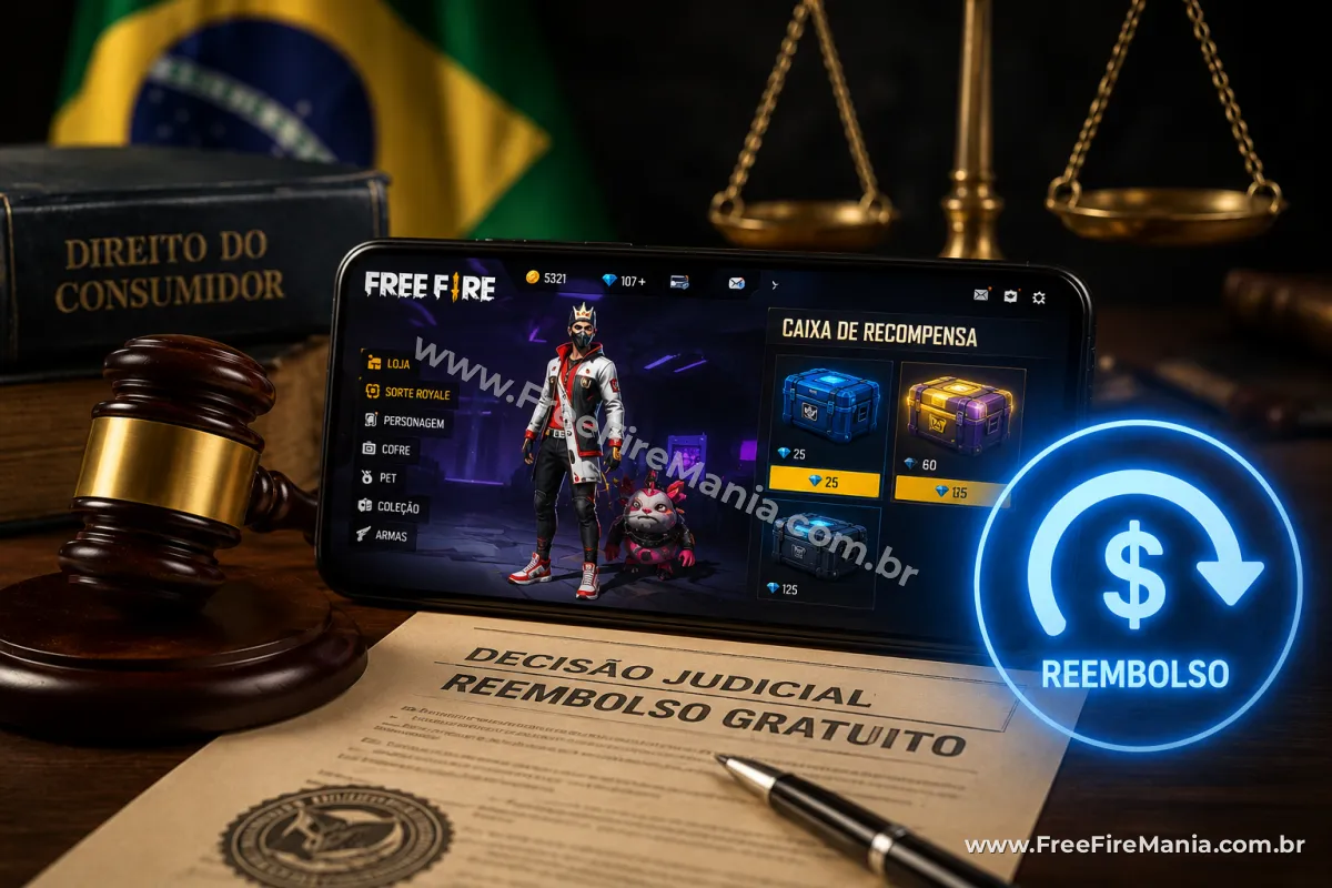 Celular com jogo mobile e caixas de recompensa representando reembolso de loot boxes no Free Fire