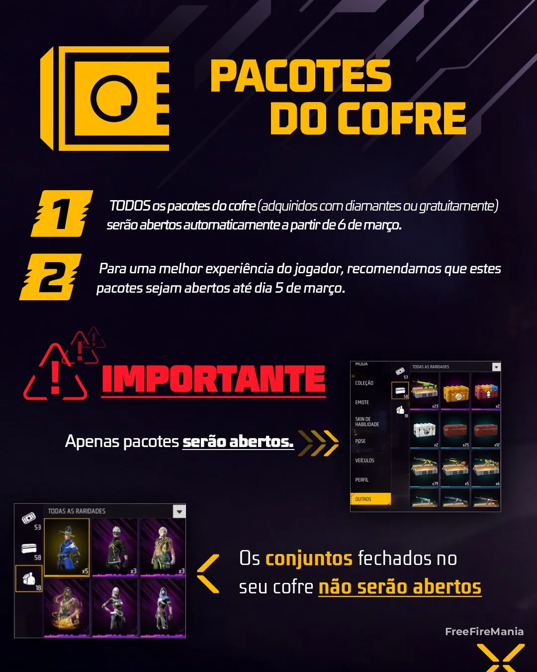 Pacotes do Cofre do Free Fire sendo exibidos no invent&aacute;rio