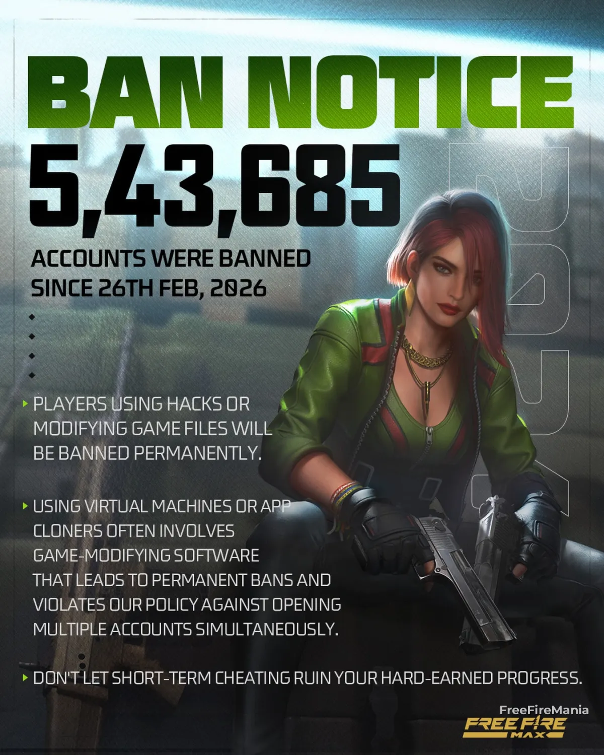 aviso oficial de banimento no Free Fire mostrando mais de 543 mil contas banidas