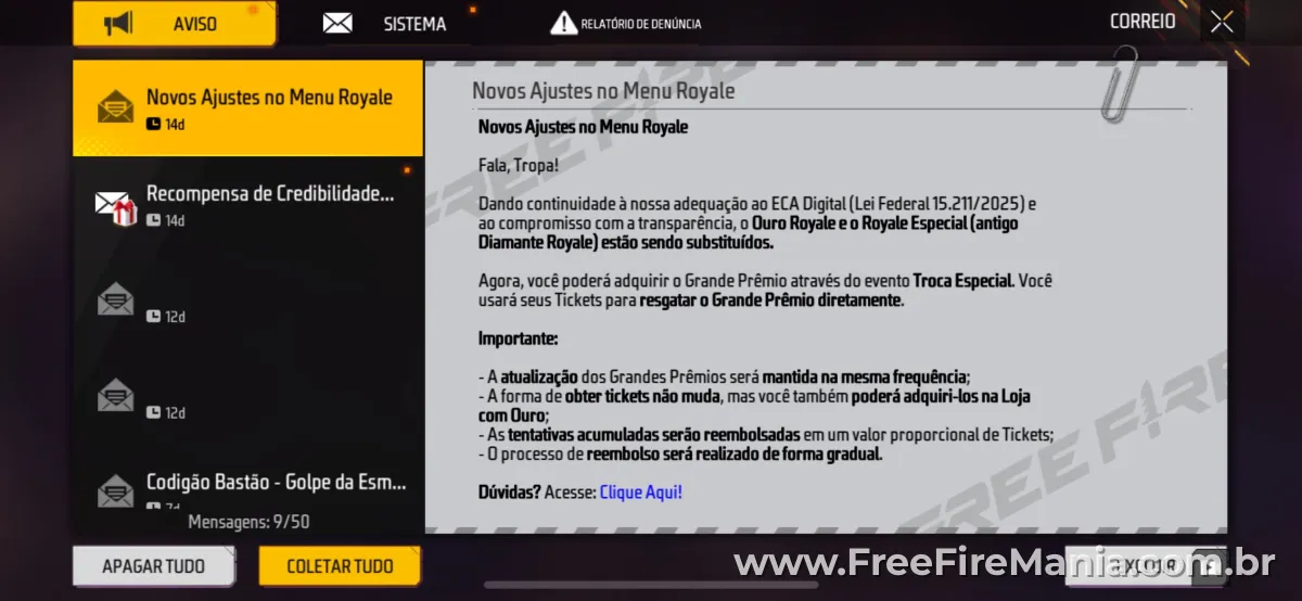 Menu Royale Free Fire mudan&ccedil;as Brasil tickets recompensas