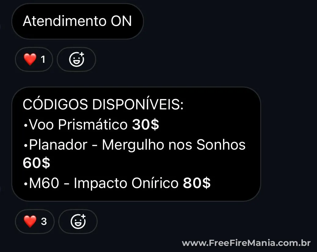 Grupo de mensagens com venda organizada de codiguins e itens do Free Fire