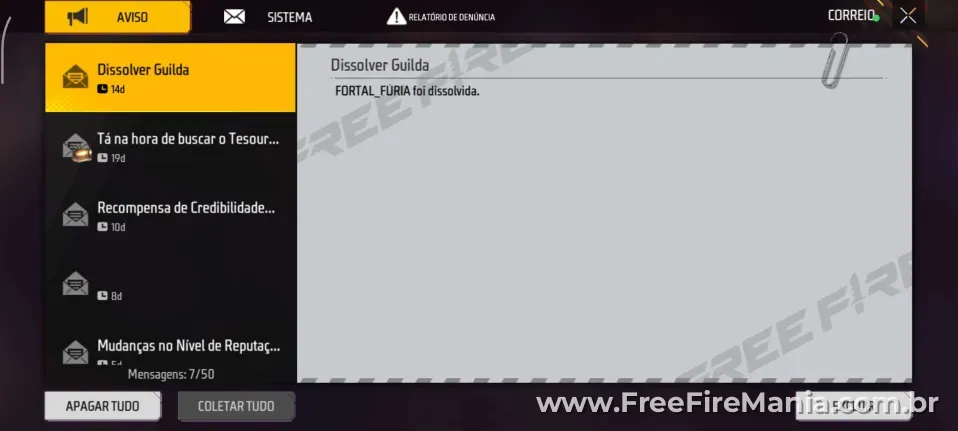 Mensagem do sistema do Free Fire informando dissolu&ccedil;&atilde;o de guilda
