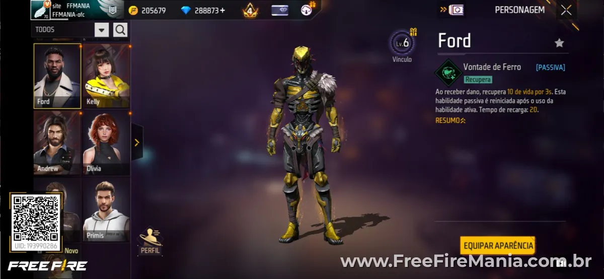 Personagem Ford no Free Fire com habilidade passiva Vontade de Ferro