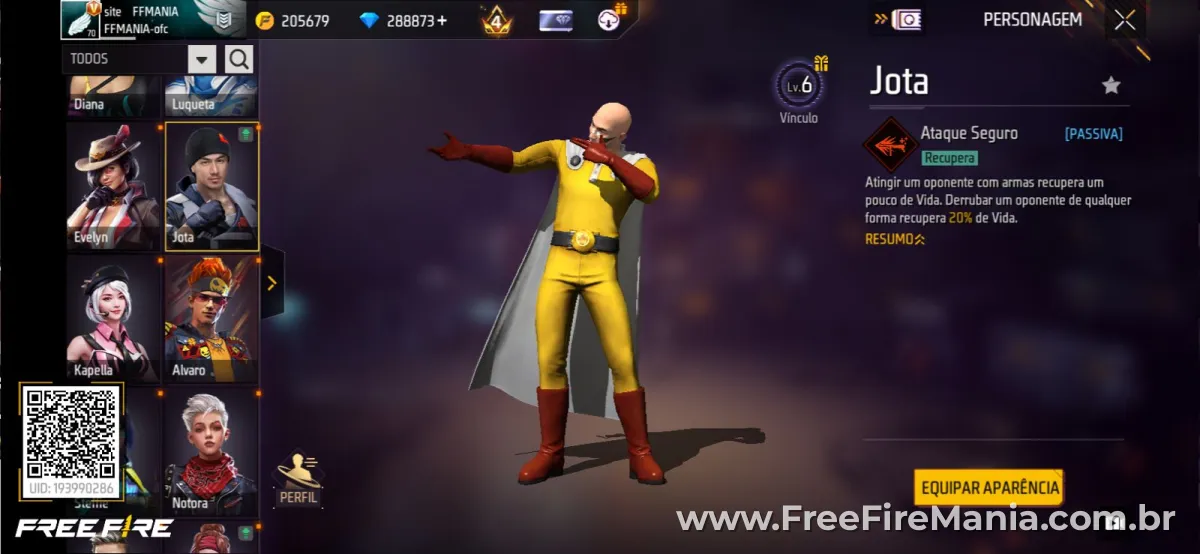 Personagem Jota no Free Fire com habilidade Ataque Seguro passiva