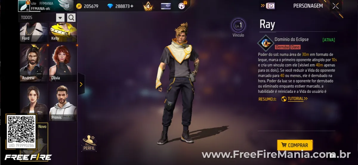 Personagem Ray no Free Fire com a habilidade Domínio do Eclipse ativa