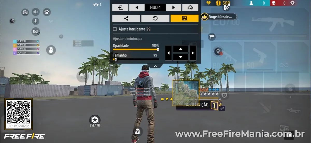Tela de configuração do HUD no Free Fire com a opção Ajuste Inteligente visível