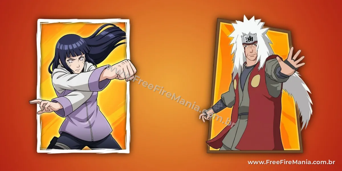 Imagem do evento Naruto no Free Fire com Hinata e Jiraiya como recompensas