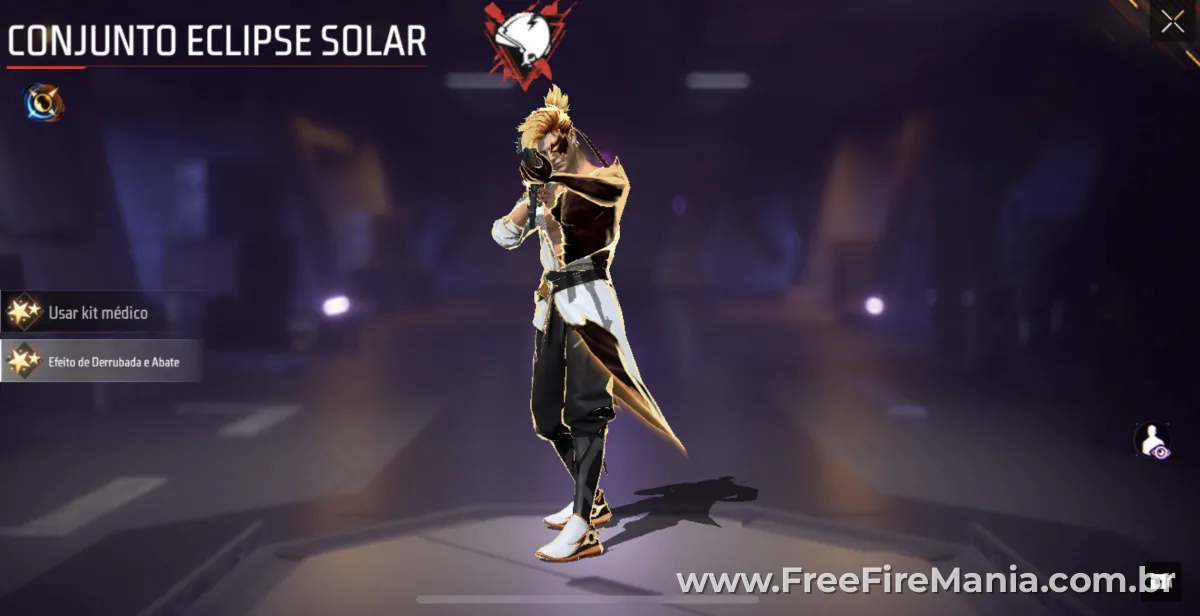 Conjunto Eclipse Solar no Free Fire — skin lendária branca, preta e dourada com efeito de eclipse