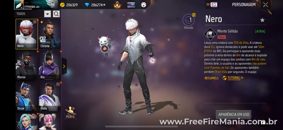 Personagem Nero do Free Fire ao lado da criatura Labubu, com habilidade Mente G&eacute;lida ativa
