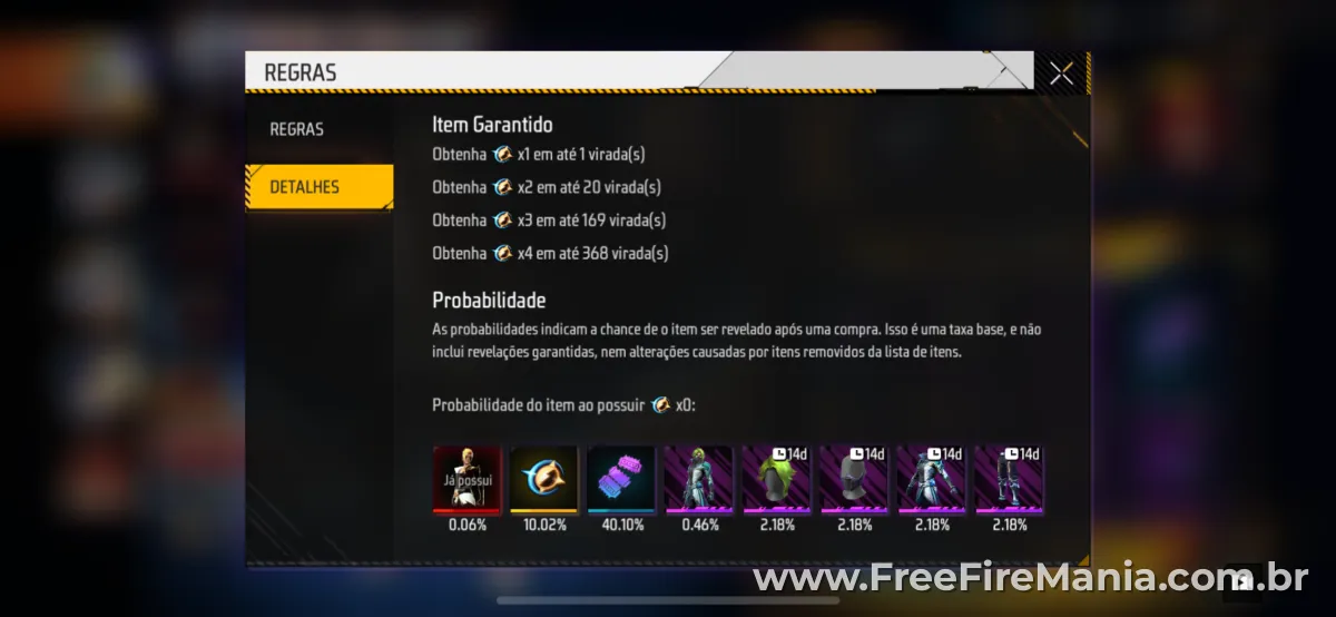 Probabilidades do evento Virada Suprema Free Fire