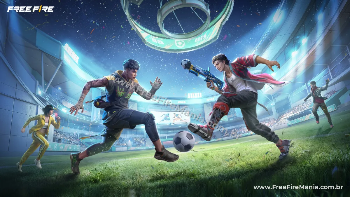 Personagens do Free Fire disputando partida no campo temático do evento Autoriza o Árbitro em Bermuda