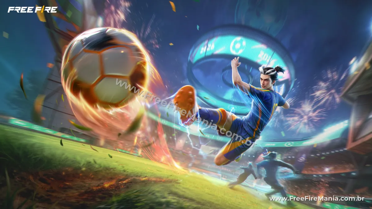 Personagem do Free Fire chutando bola em chamas no evento Autoriza o Árbitro — mecânica Transforme-se