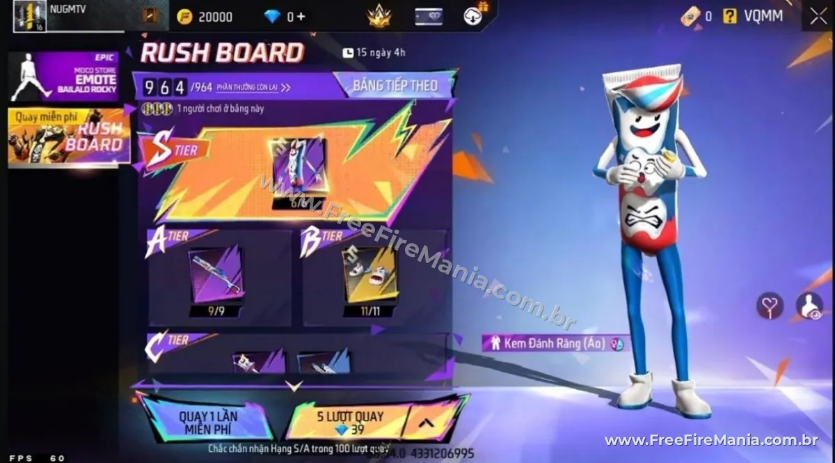 Rush Board da OB54 com poss&iacute;vel skin Creme Dental no Free Fire