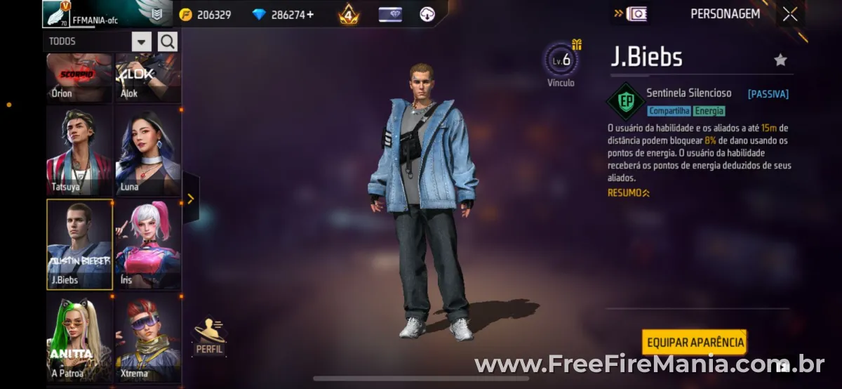 Tela do personagem J.Biebs no Free Fire mostrando a habilidade passiva Sentinela Silencioso que bloqueia 8% de dano usando EP