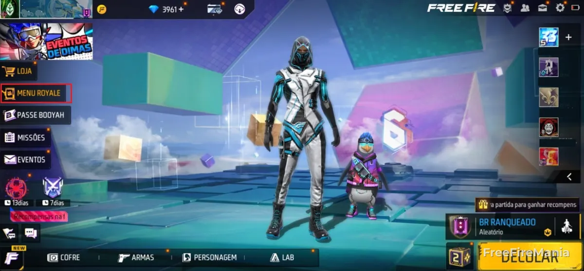 Menu Royale do Free Fire com eventos de diamantes