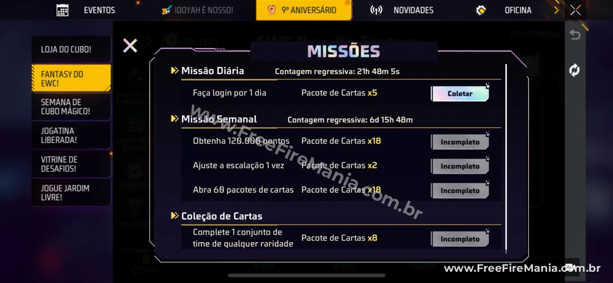 Lista de miss&otilde;es do evento EWC Desafio Fantasy no Free Fire