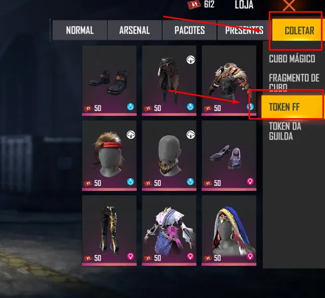 Itens disponíveis na loja de estilhaços Free Fire skins e conjuntos