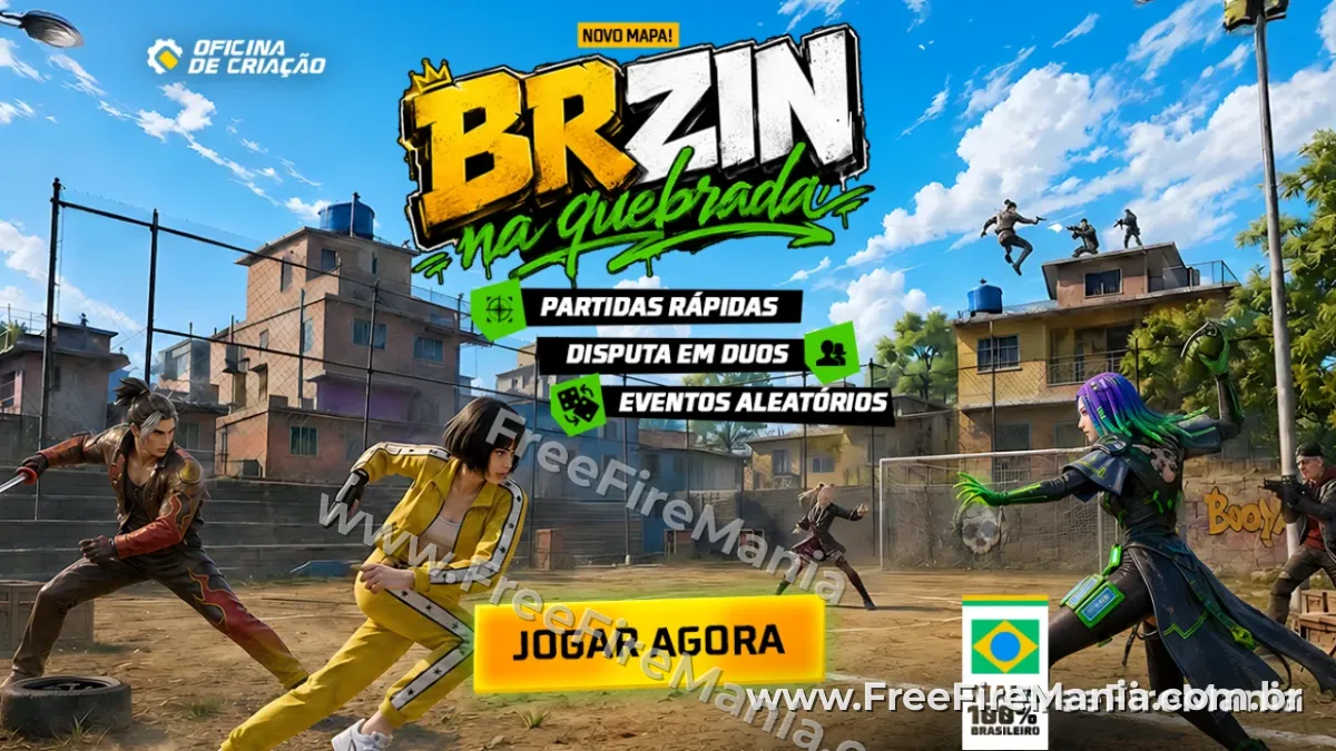 Banner do evento Manto do Craque no Free Fire, ligado ao modo BRzin na Quebrada e ao jogo Brasil x Haiti
