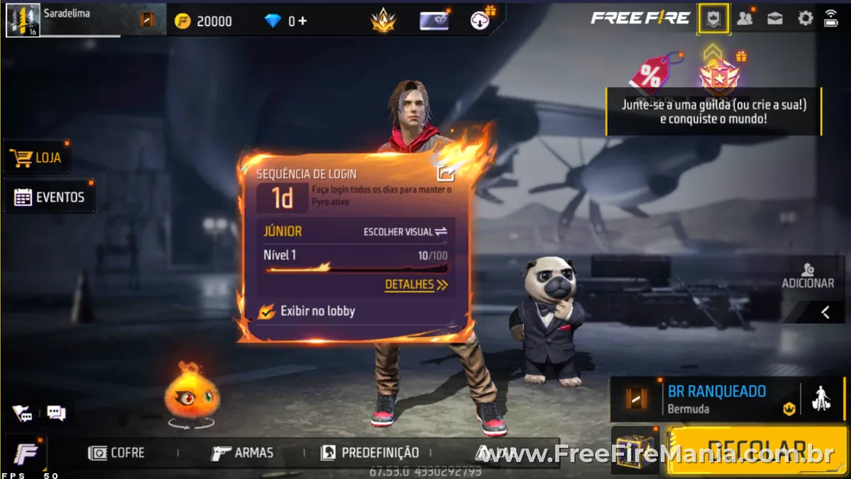 Mascote Pyro Free Fire sistema de login di&aacute;rio evolu&ccedil;&atilde;o