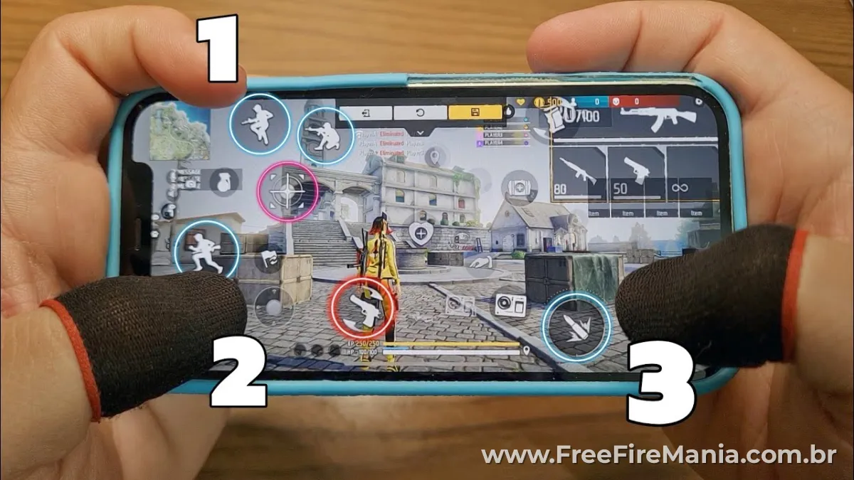 Exemplo de HUD 3 dedos no Free Fire com botão de tiro superior destacado