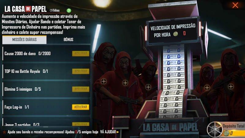 Missões diárias impressora de dinheiro free fire