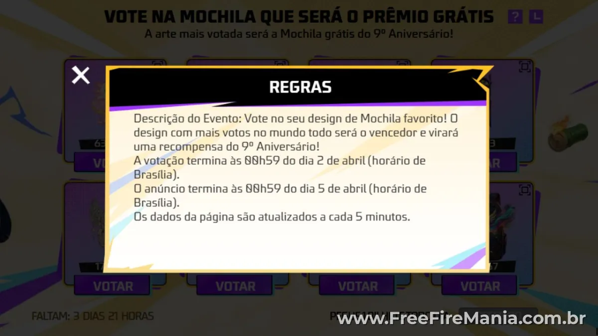 Evento vota&ccedil;&atilde;o mochila Free Fire anivers&aacute;rio 9 anos