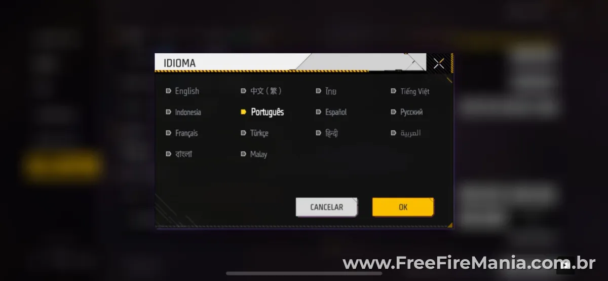 Tela de login do Free Fire mostrando sele&ccedil;&atilde;o de regi&atilde;o e servidor