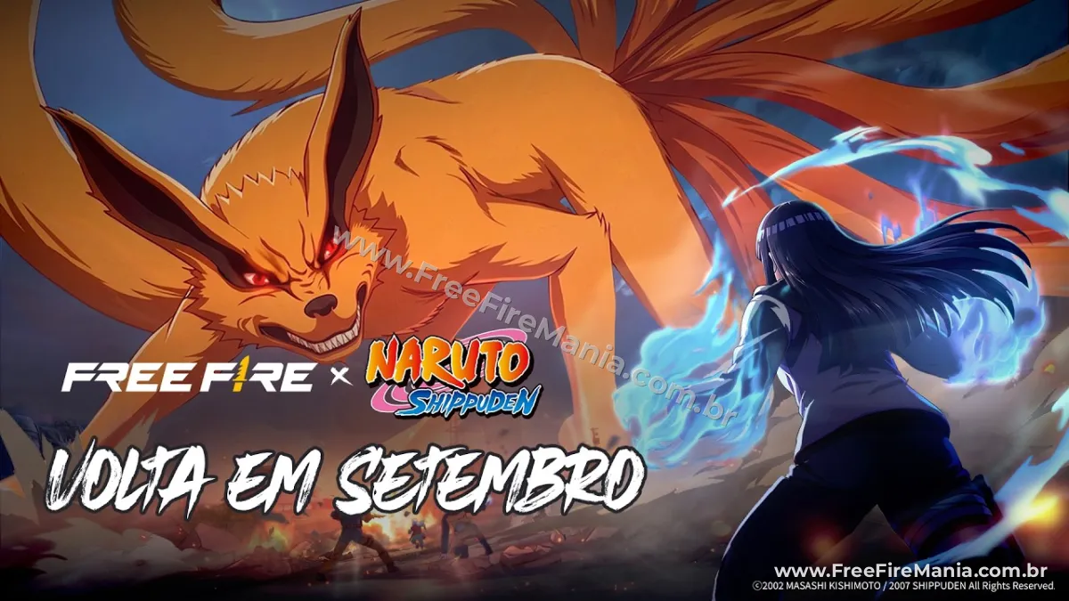 Arte oficial de Free Fire x Naruto Shippuden com Nove-Caudas e Hinata anunciando volta em setembro